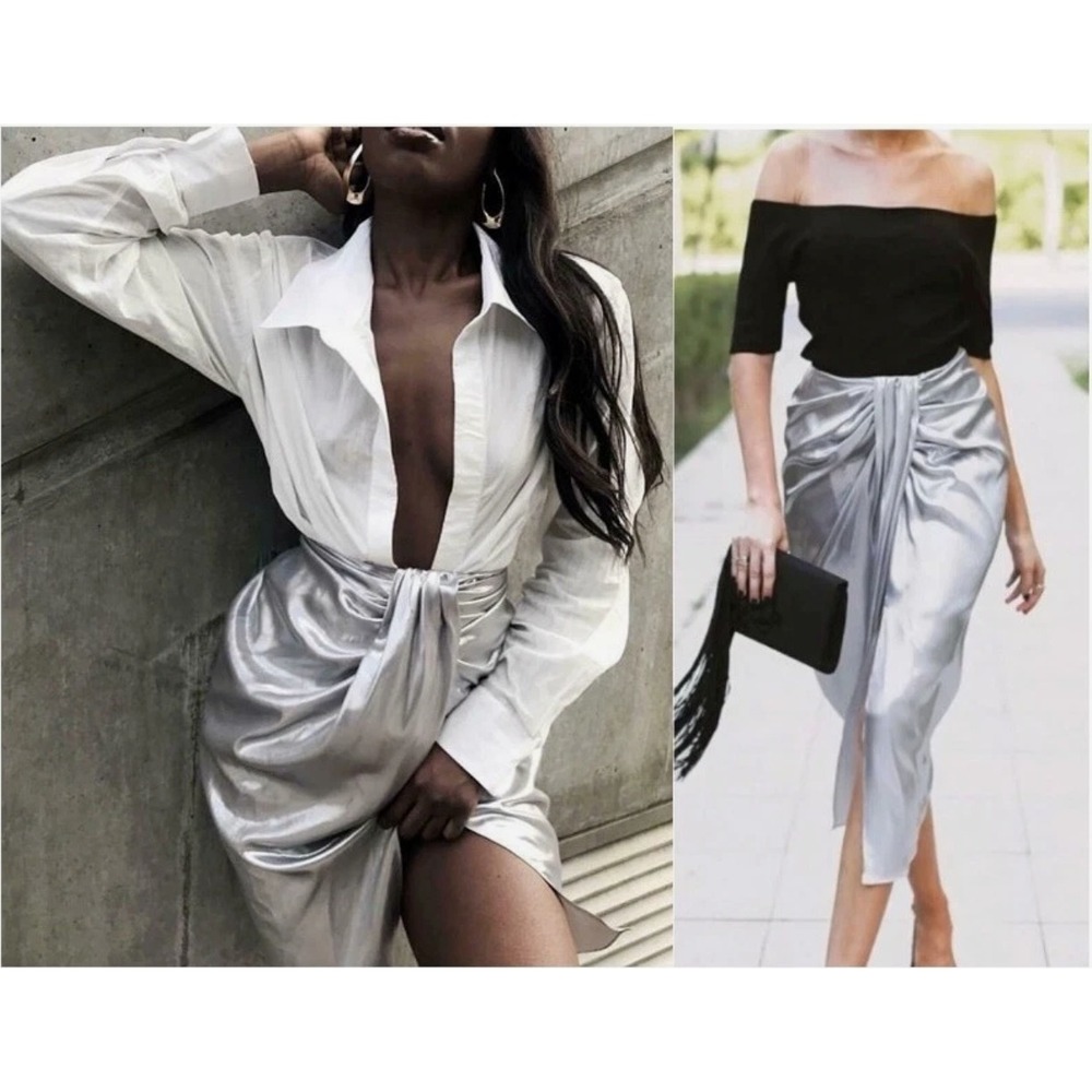 ZARA Woman Metallic Silver Drape Front‎ Midi Skirt Holiday Party Size L